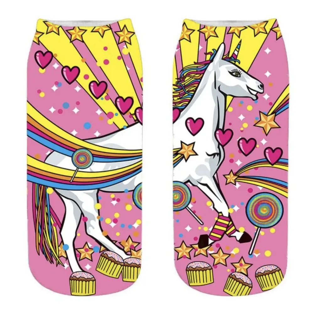 Kawaii Magical Ankle Socks with Unicorn and Rainbow Design - Cosparty