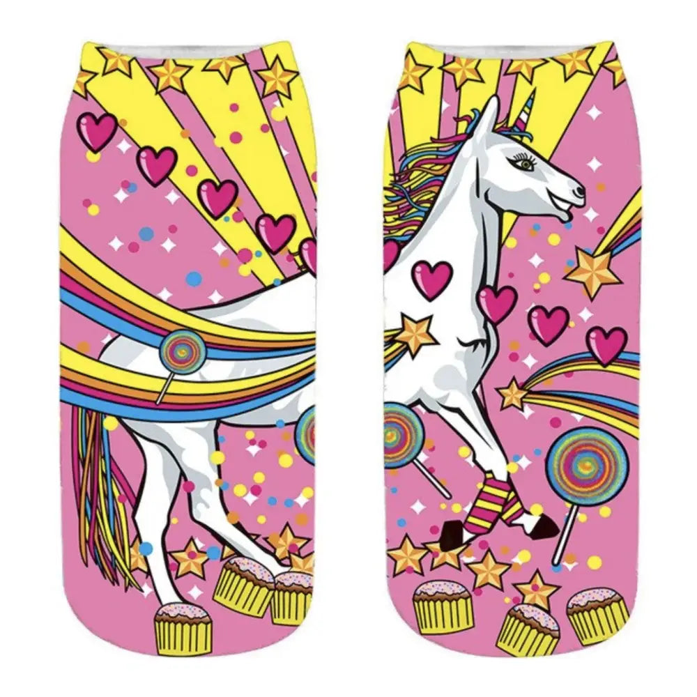 Kawaii Magical Ankle Socks with Unicorn and Rainbow Design - Socks