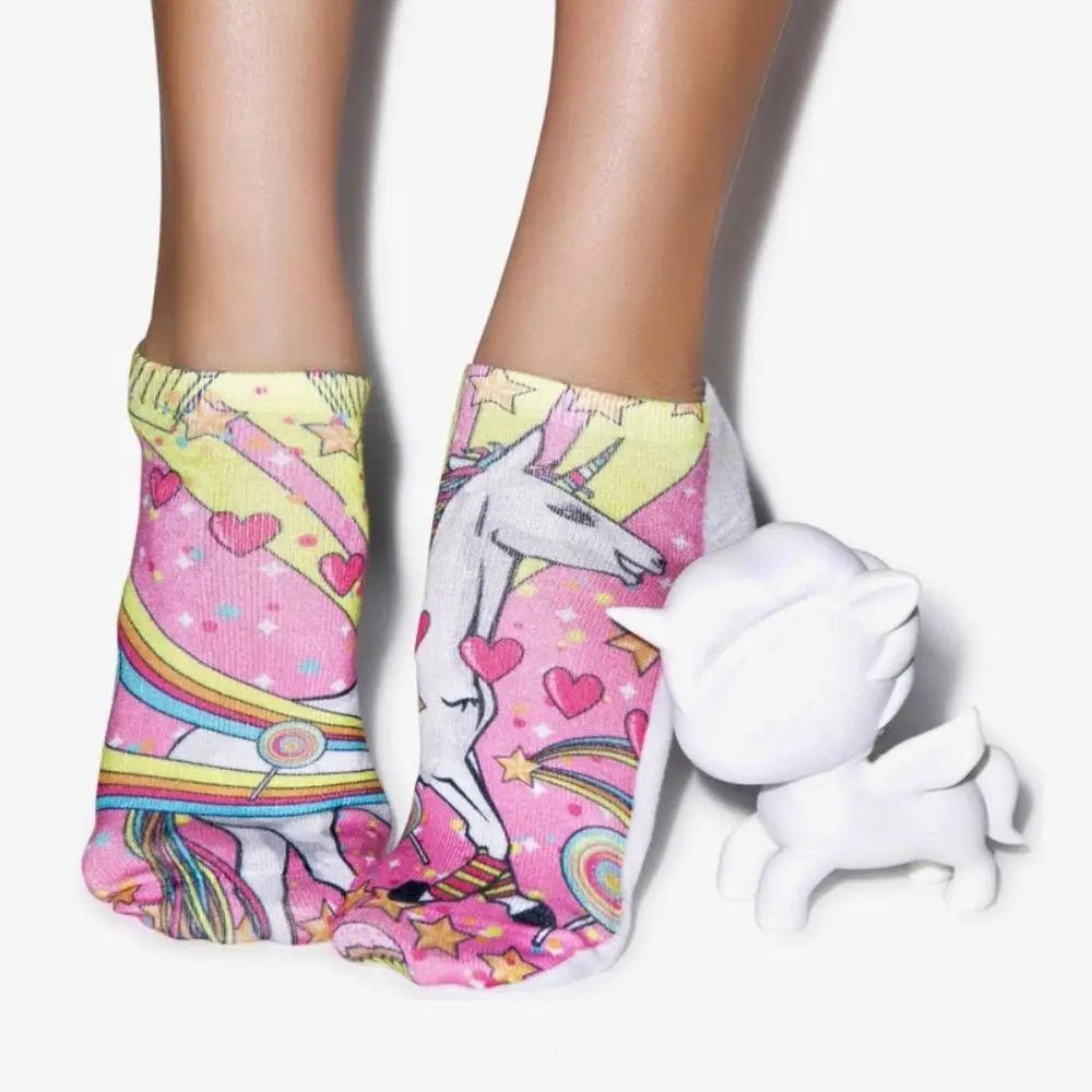 Kawaii Magical Ankle Socks with Unicorn and Rainbow Design - Cosparty