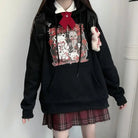 Kawaii Menhera Creepy Teddy Bear Hooded Sweatshirt in Black and Red - Cosparty