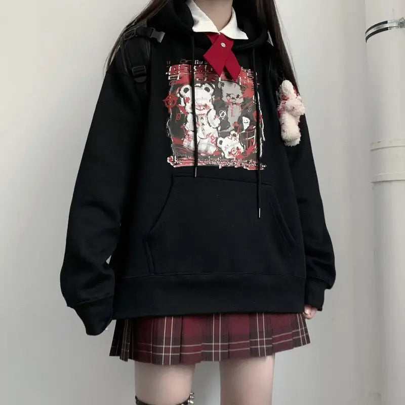 Kawaii Menhera Creepy Teddy Bear Hooded Sweatshirt in Black and Red - sweater