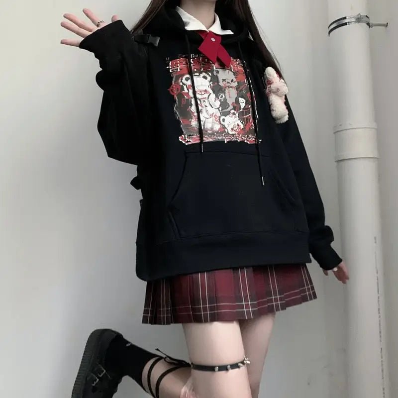 Kawaii Menhera Creepy Teddy Bear Hooded Sweatshirt in Black and Red - Cosparty