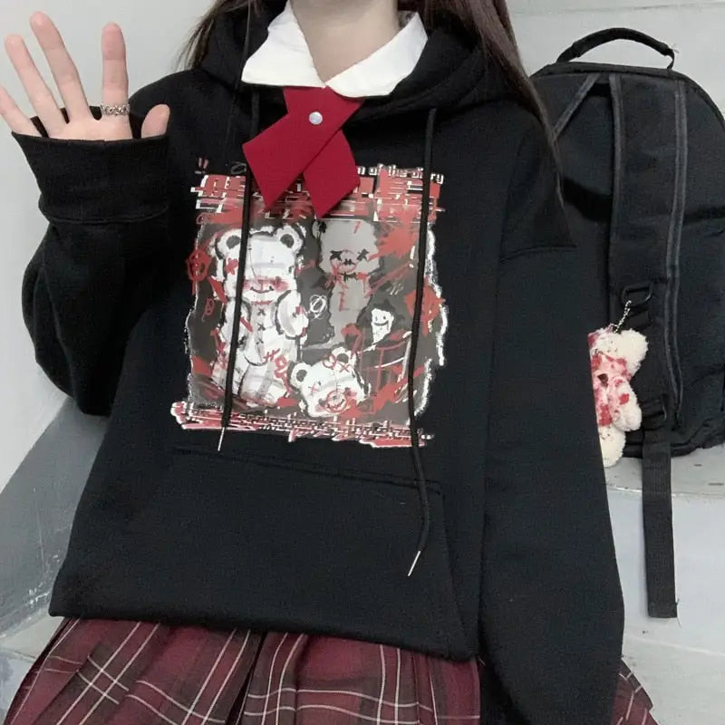 Kawaii Menhera Creepy Teddy Bear Hooded Sweatshirt in Black and Red - sweater