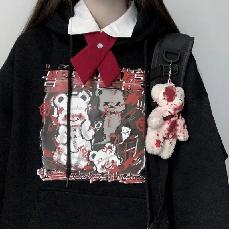 Kawaii Menhera Creepy Teddy Bear Hooded Sweatshirt in Black and Red - Cosparty