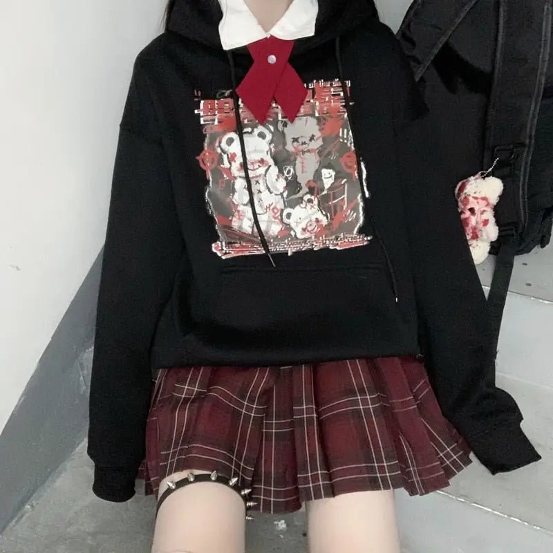 Kawaii Menhera Creepy Teddy Bear Hooded Sweatshirt in Black and Red - Cosparty