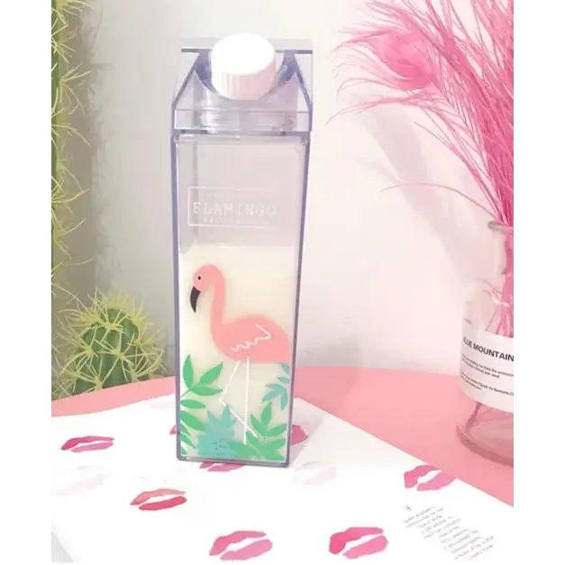 Glass Milk Carton Bottle - Single Flamingo In Bush - cup