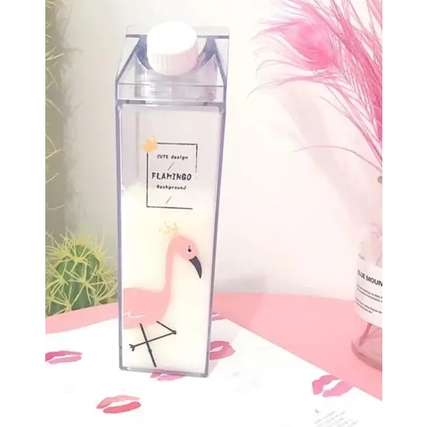 Glass Milk Carton Bottle - Single Flamingo - cup