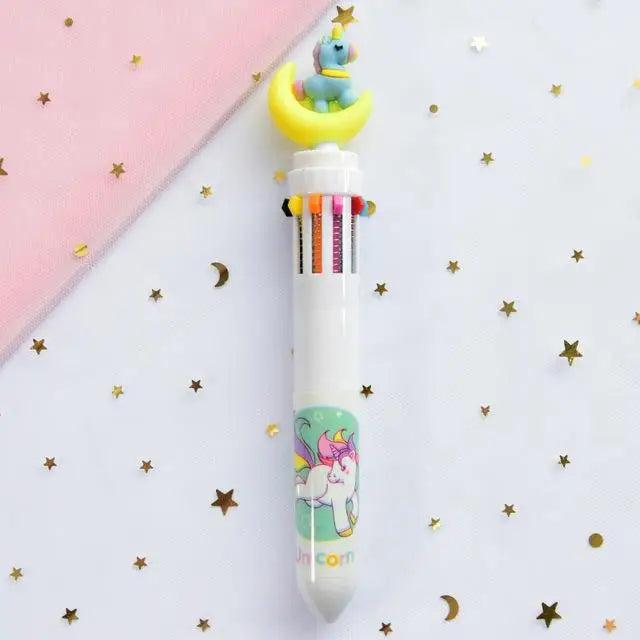 Kawaii Multi-Colored Pens in Playful Pastel Shades - White Moon Unicorn - stationary