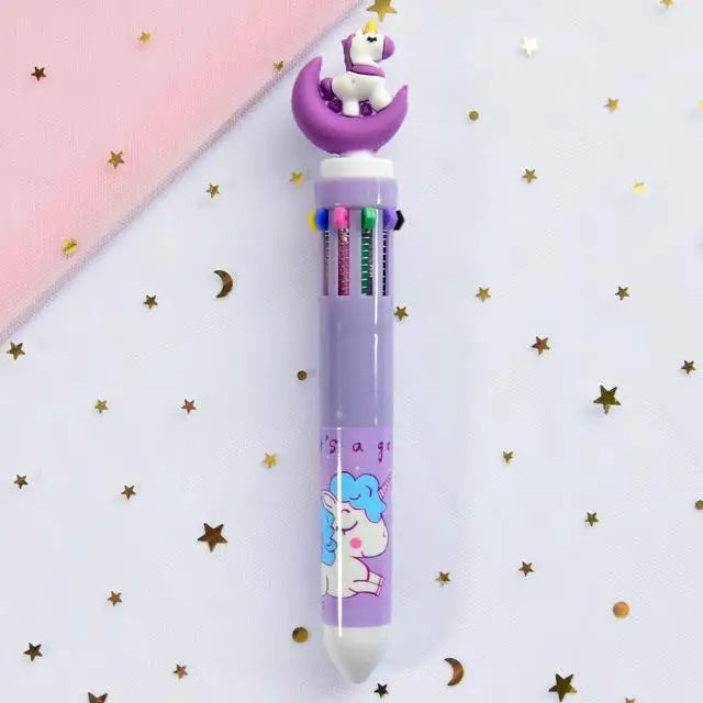 Kawaii Multi-Colored Pens in Playful Pastel Shades - Purple Moon Unicorn - stationary