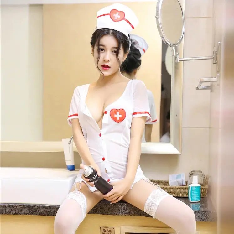 Kawaii Nurse Costume with Hat, Stockings and Red Cross Graphics - Cosparty