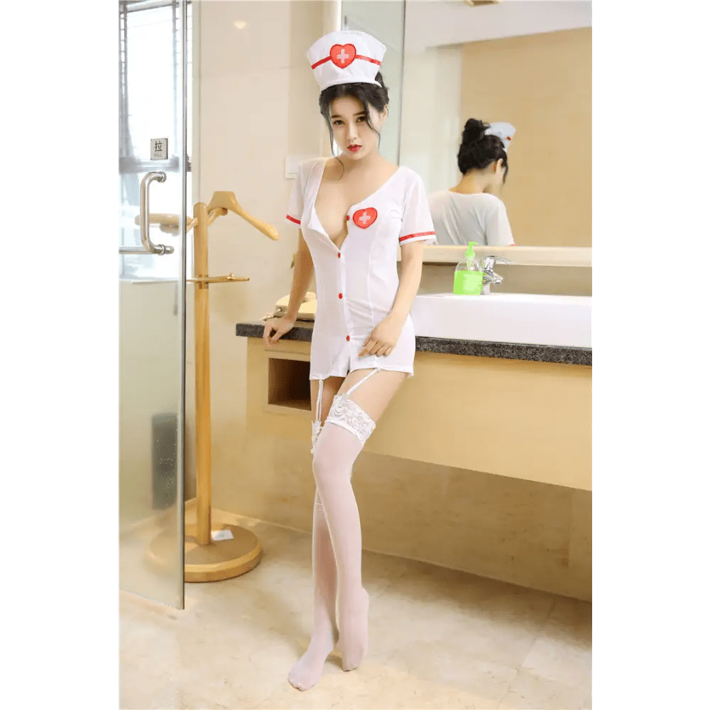 Kawaii Nurse Costume with Hat, Stockings and Red Cross Graphics - Cosparty