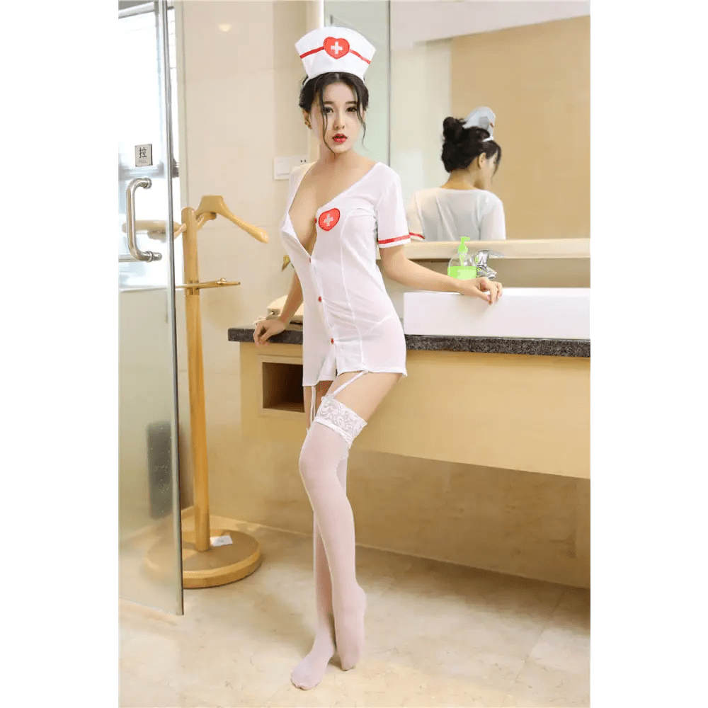 Kawaii Nurse Costume with Hat, Stockings and Red Cross Graphics - Cosparty