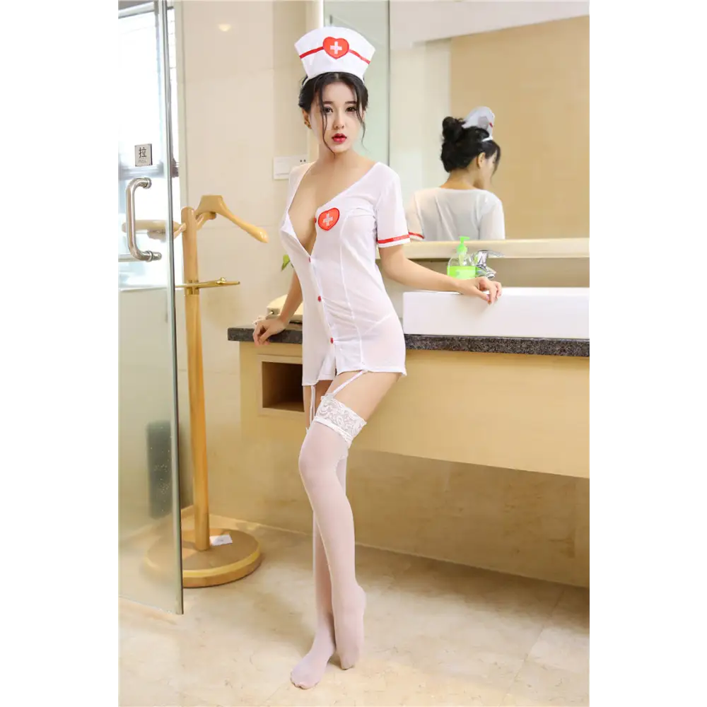 Kawaii Nurse Costume with Hat Stockings and Red Cross Graphics - costume