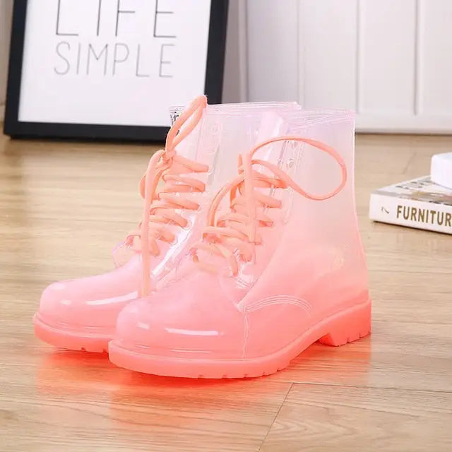 Kawaii Ombre Block Heeled Rain Booties in Candy Colors - Pink / 4 - Shoes