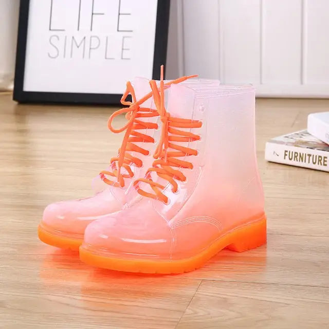 Kawaii Ombre Block Heeled Rain Booties in Candy Colors - Orange / 4 - Shoes