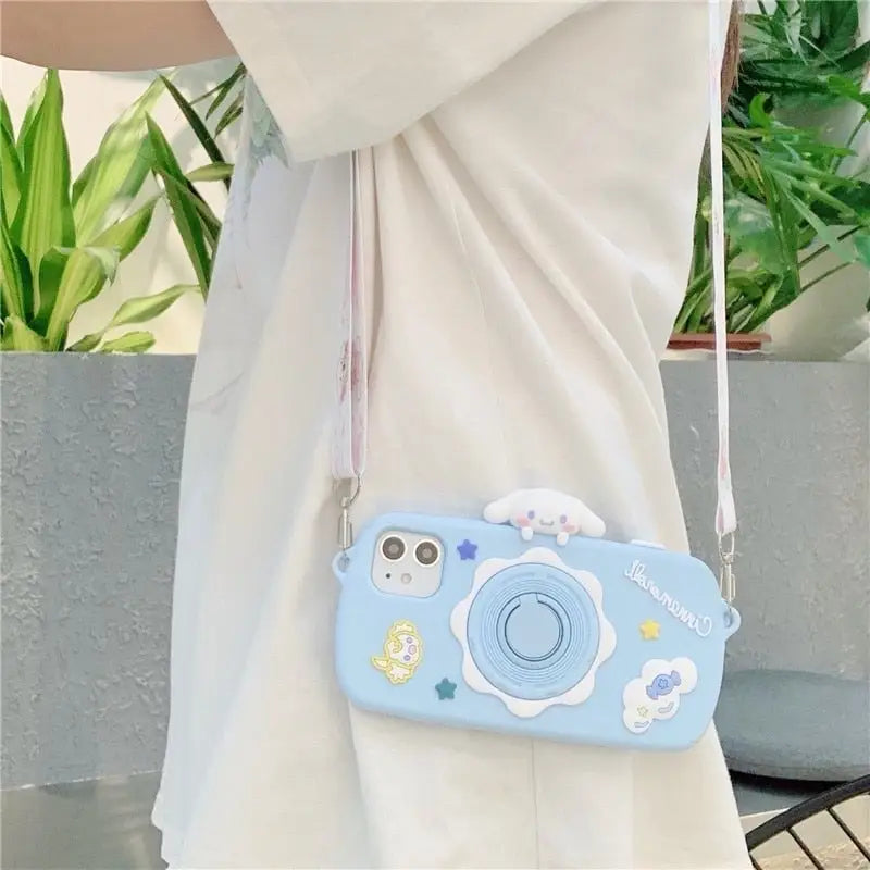 Kawaii Pastel Blue Cinnamoroll Camera Phone Case with Stand - phone case