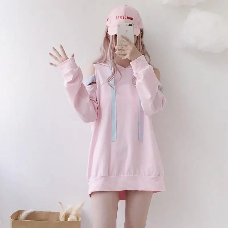 Kawaii Pastel Pink Off-the-Shoulder Hoodie from Dollish Fox New Condition - hoodie