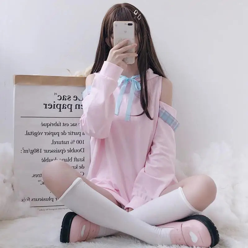 Kawaii Pastel Pink Off-the-Shoulder Hoodie from Dollish Fox New Condition - hoodie