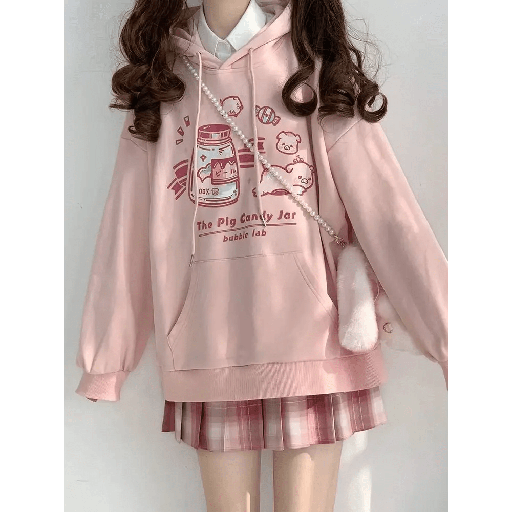 Kawaii Pastel Pink Pig Candy Jar Hoodie for Cozy Sweet Style - Cosparty