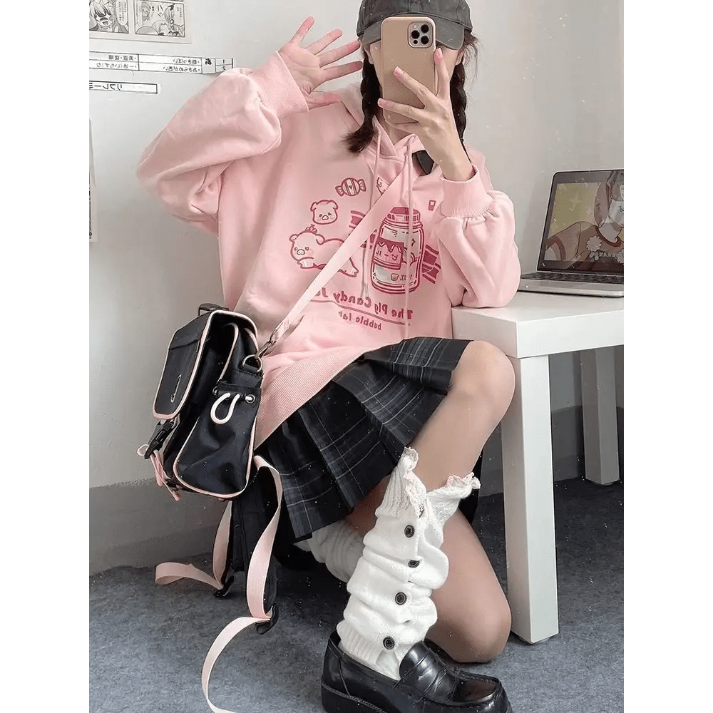 Kawaii Pastel Pink Pig Candy Jar Hoodie for Cozy Sweet Style - Cosparty