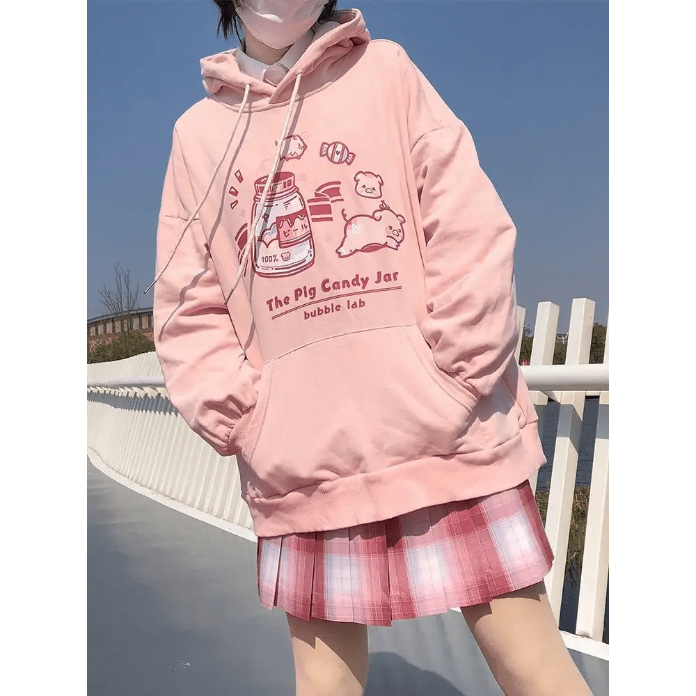 Kawaii Pastel Pink Pig Candy Jar Hoodie for Cozy Sweet Style - Cosparty