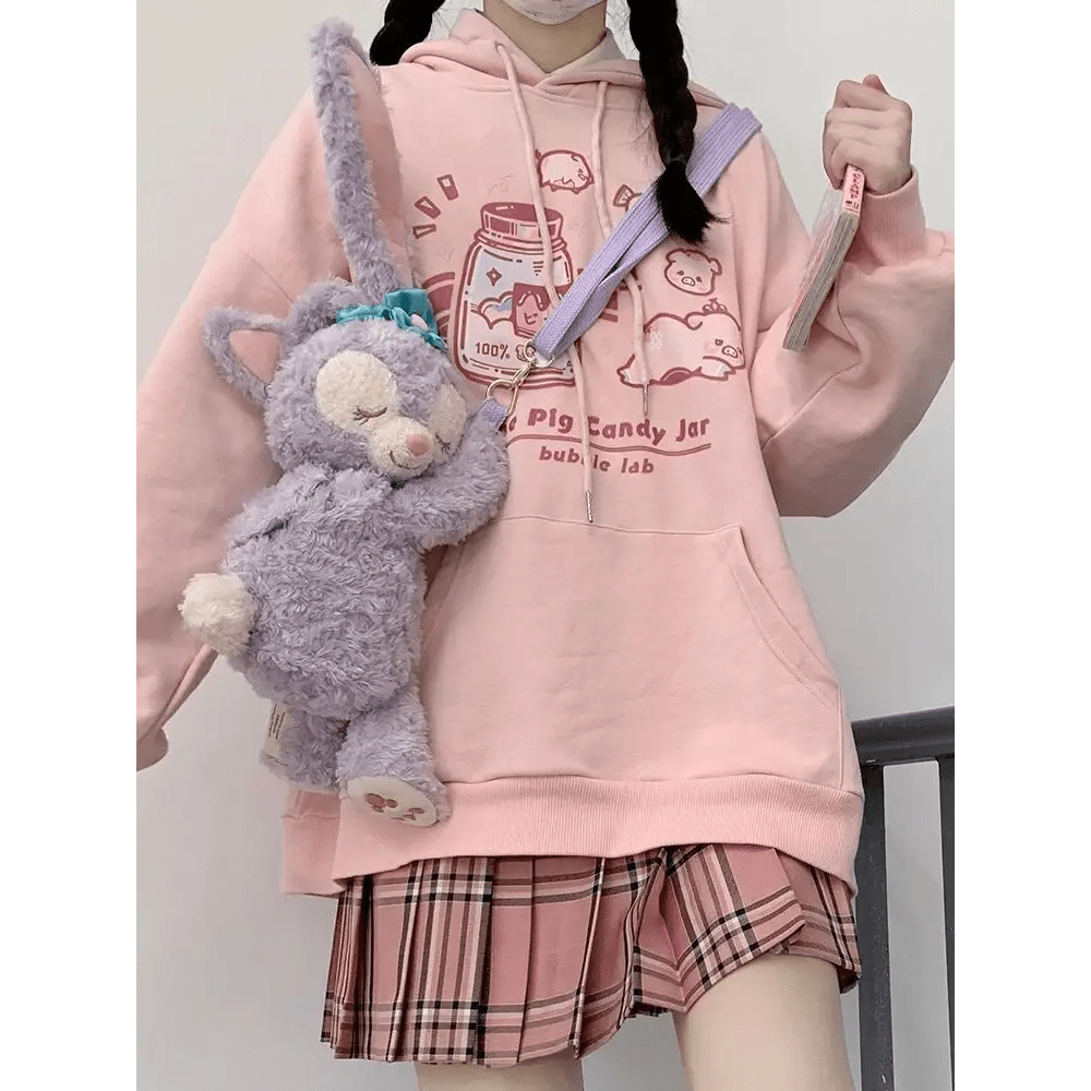 Kawaii Pastel Pink Pig Candy Jar Hoodie for Cozy Sweet Style - Cosparty