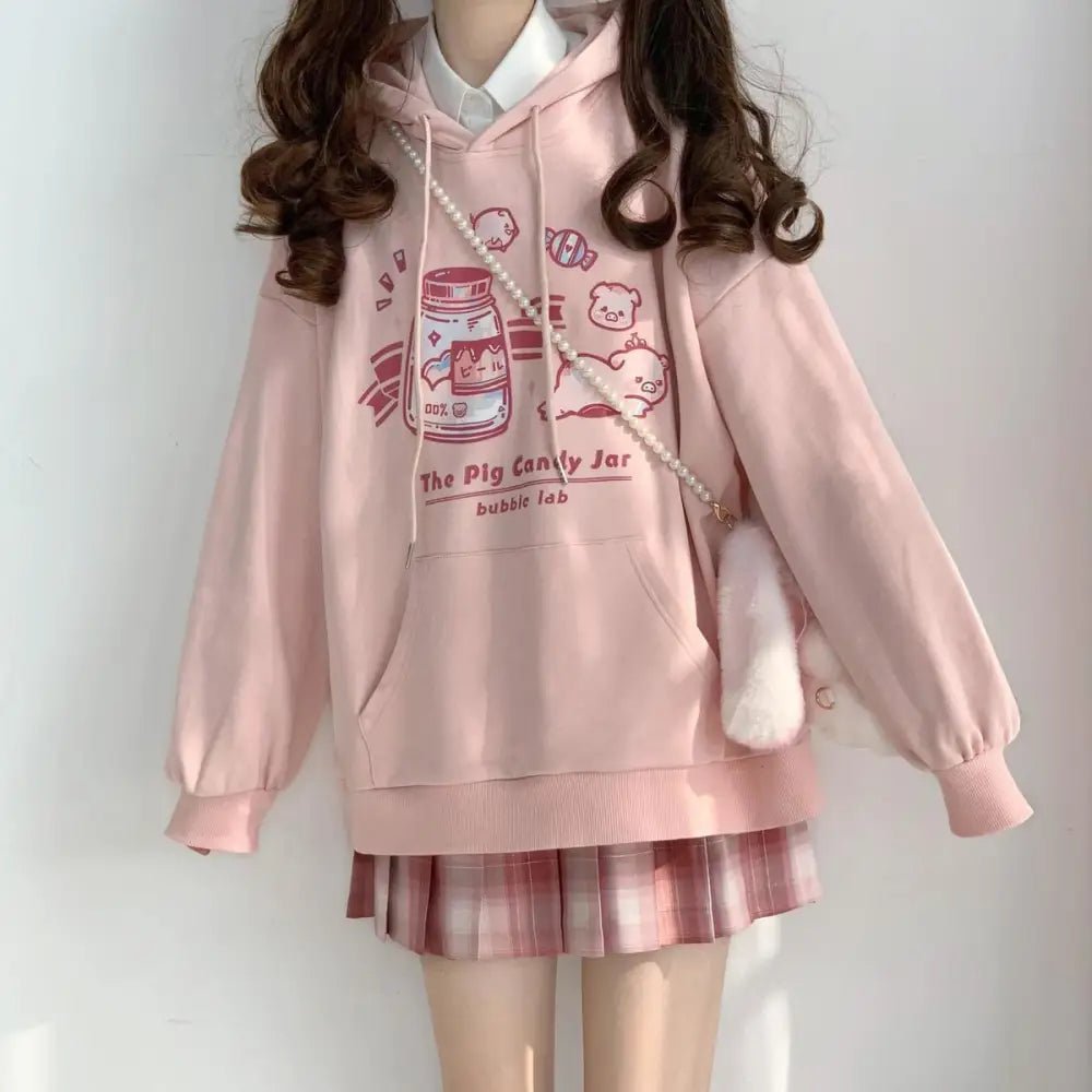 Kawaii Pastel Pink Piggy Hoodie with Candy Jar and Bunny Headband - Cosparty