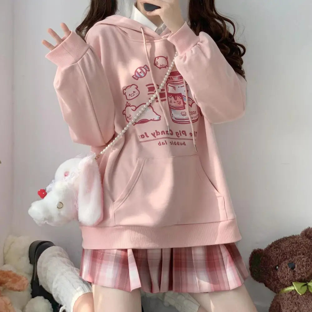 Kawaii Pastel Pink Piggy Hoodie with Candy Jar and Bunny Headband - sweater