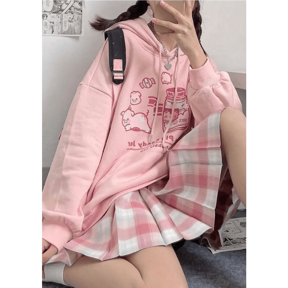Kawaii Pastel Pink Piggy Hoodie with Candy Jar and Bunny Headband - Cosparty