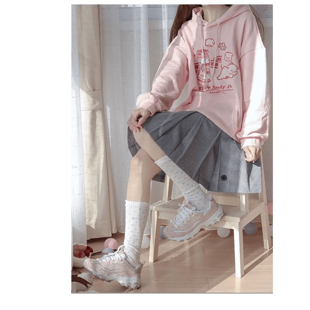 Kawaii Pastel Pink Piggy Hoodie with Candy Jar and Bunny Headband - Cosparty