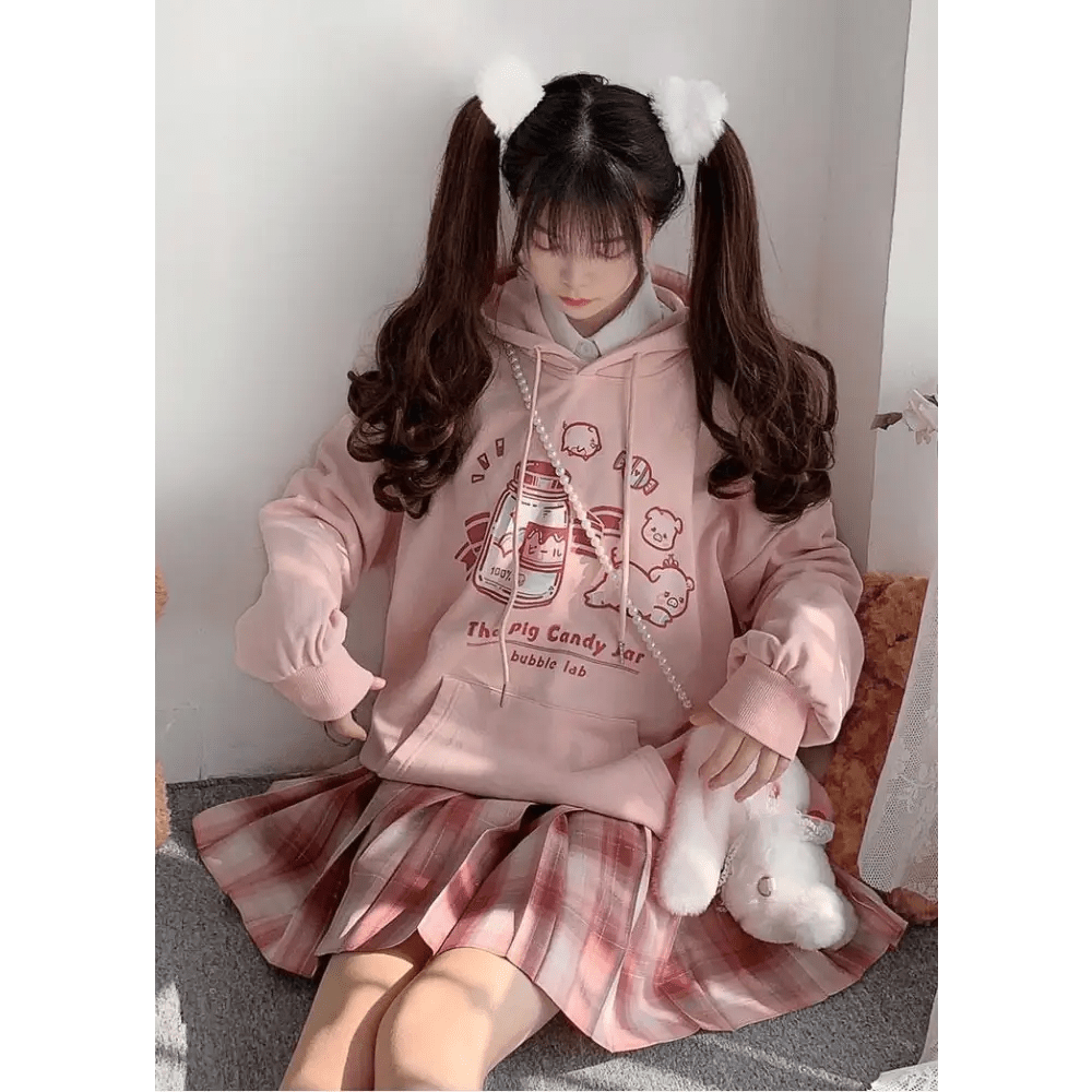 Kawaii Pastel Pink Piggy Hoodie with Candy Jar and Bunny Headband - Cosparty