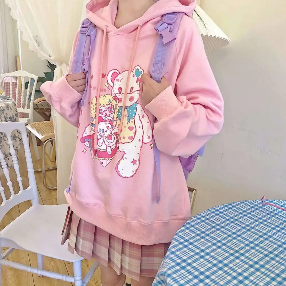 Kawaii Pastel Teddy Bear Hoodie in Pink or Blue - sweater