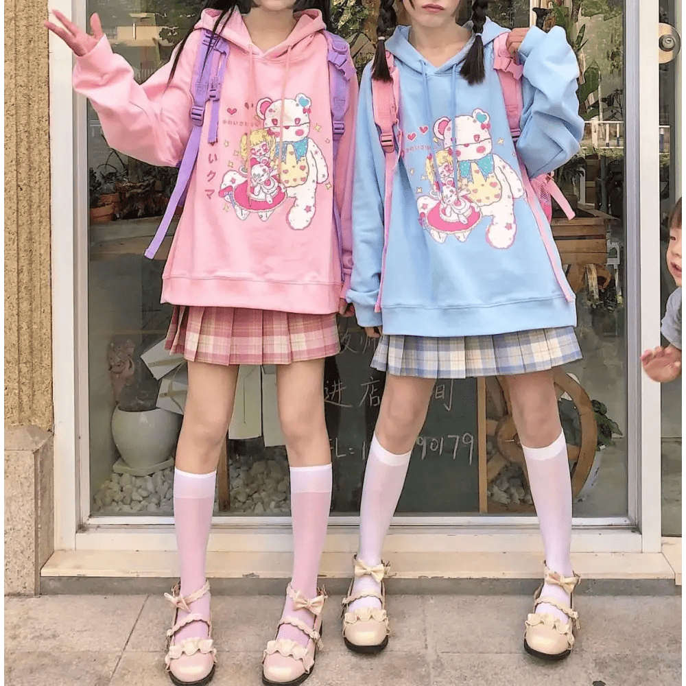 Kawaii Pastel Teddy Bear Hoodie in Pink or Blue - Cosparty