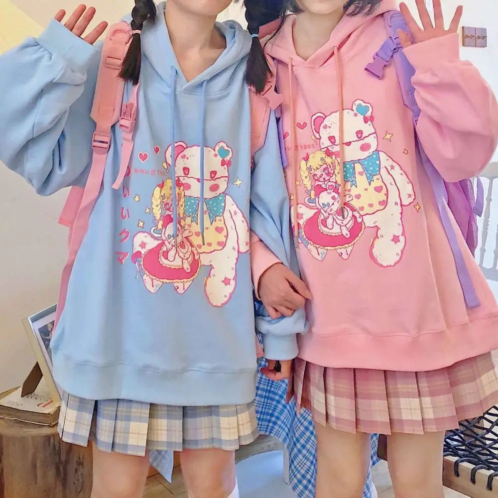 Kawaii Pastel Teddy Bear Hoodie in Pink or Blue - sweater