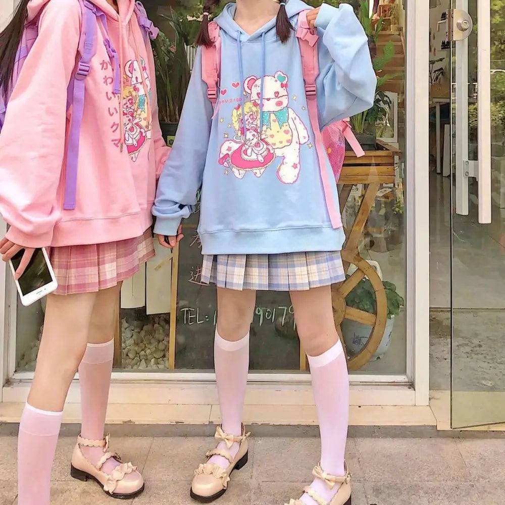 Kawaii Pastel Teddy Bear Hoodie in Pink or Blue - sweater