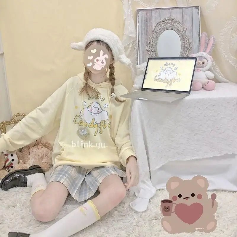Kawaii Pastel Yellow Baby Sheep Hoodie with Angel Wings - Cosparty
