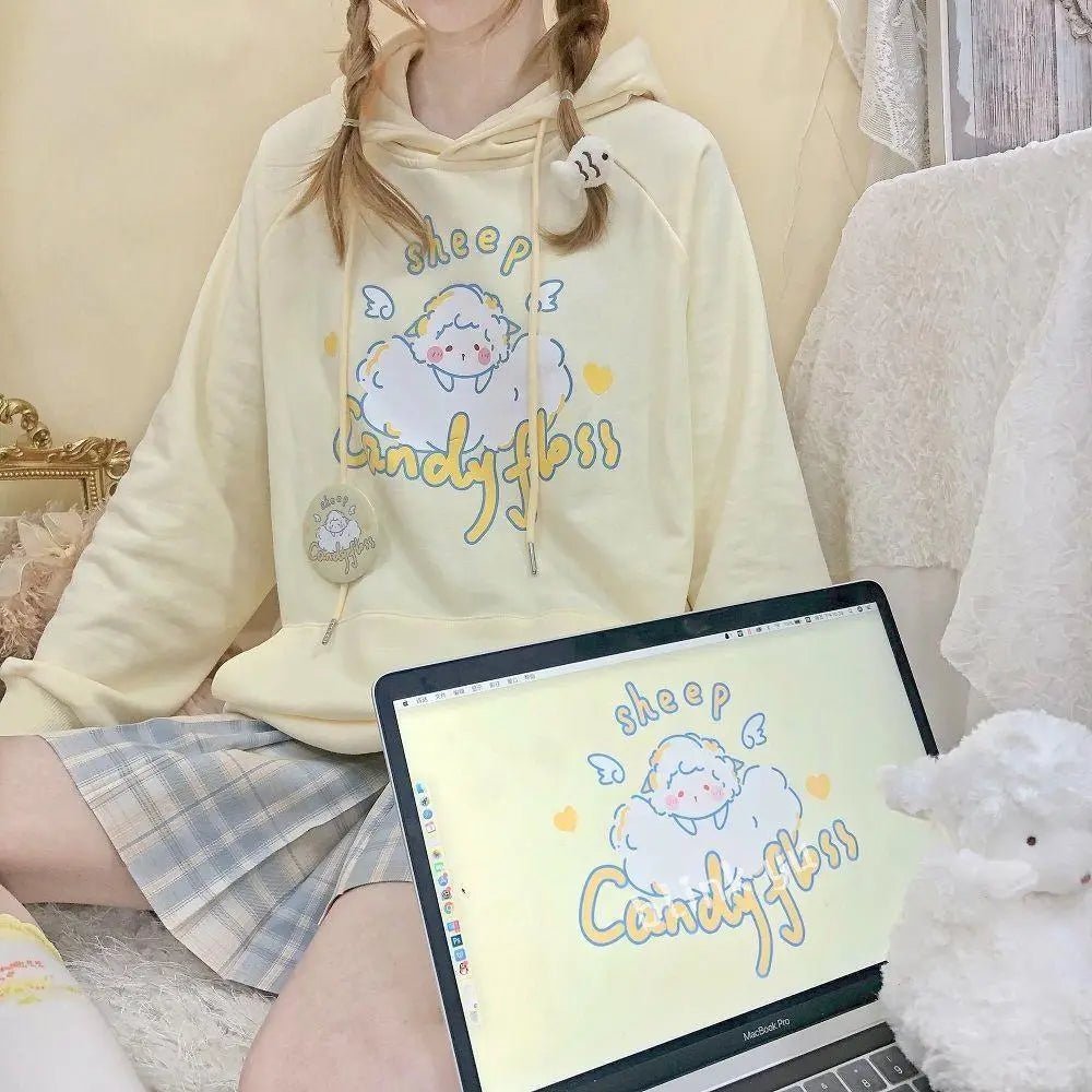 Kawaii Pastel Yellow Baby Sheep Hoodie with Angel Wings - Cosparty