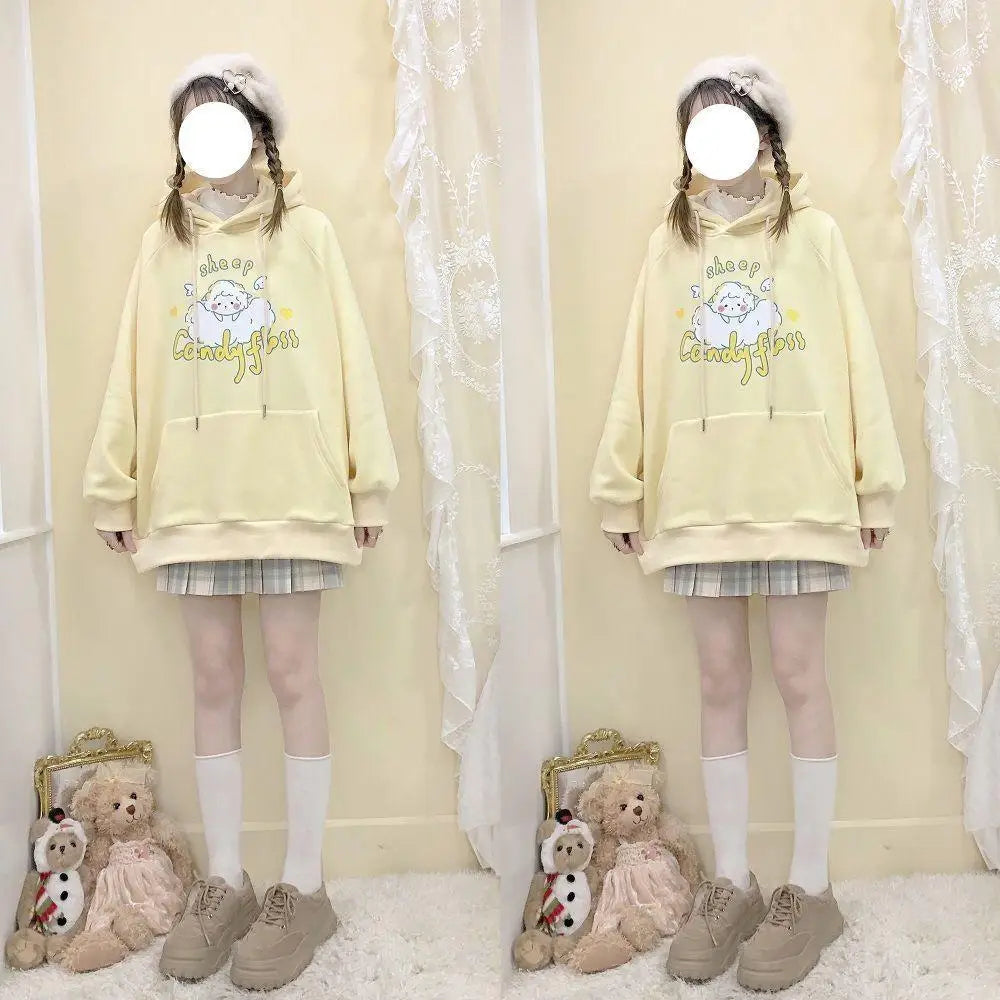 Kawaii Pastel Yellow Baby Sheep Hoodie with Angel Wings - sweatshirt