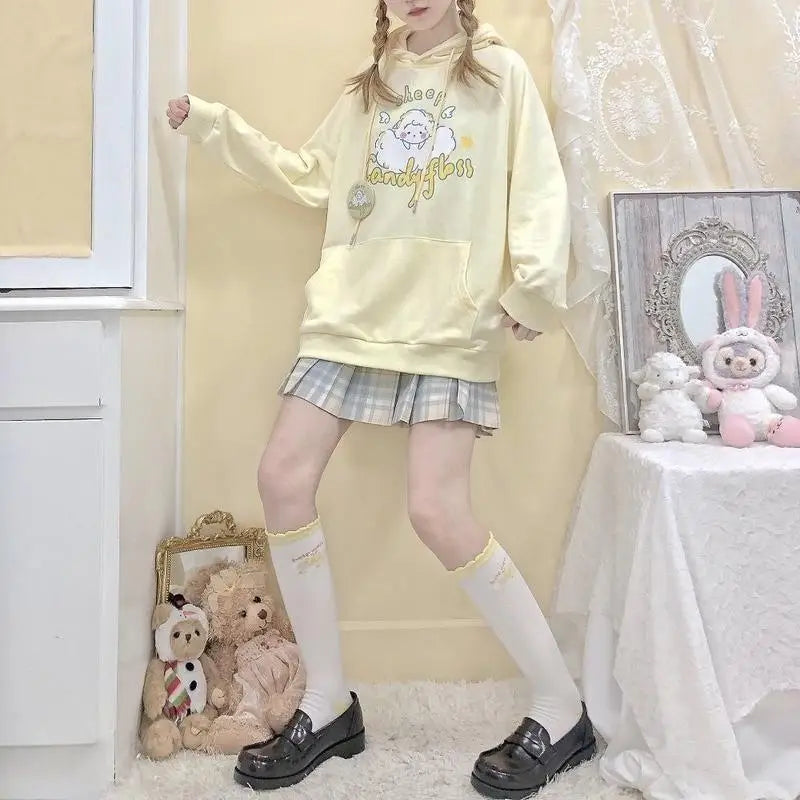 Kawaii Pastel Yellow Baby Sheep Hoodie with Angel Wings - sweatshirt