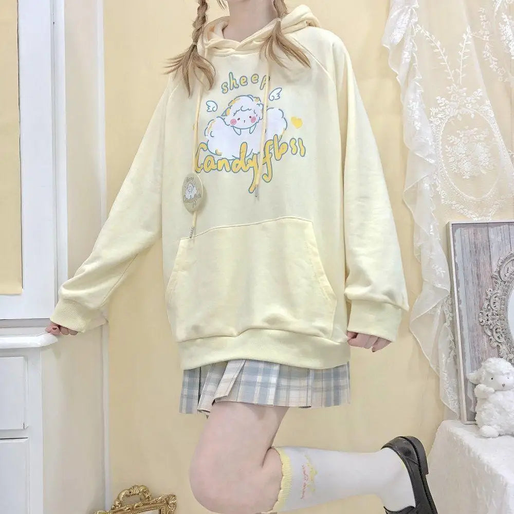 Kawaii Pastel Yellow Baby Sheep Hoodie with Angel Wings - sweatshirt