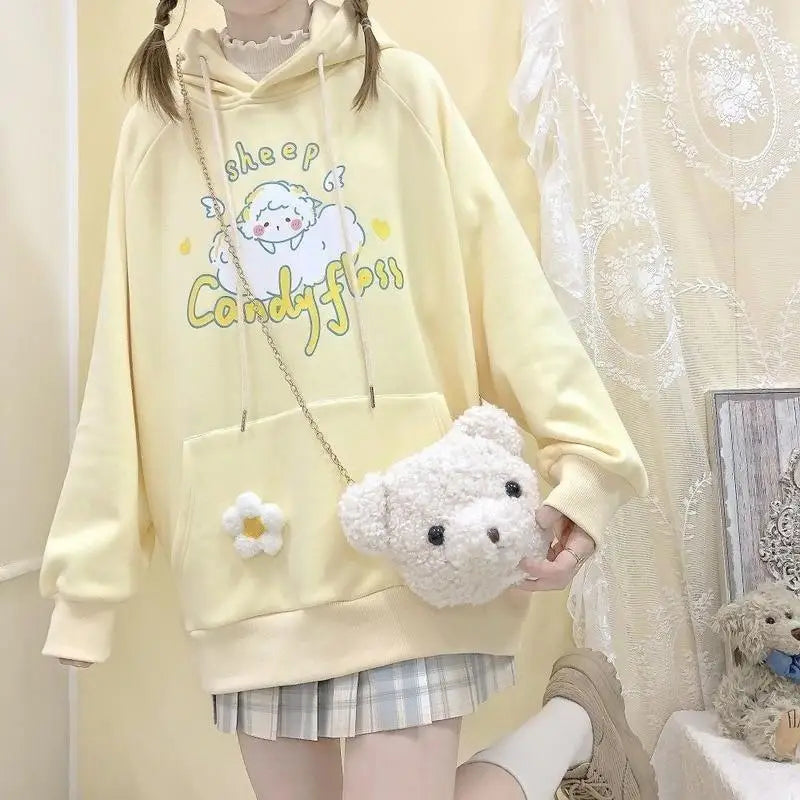 Kawaii Pastel Yellow Baby Sheep Hoodie with Angel Wings - sweatshirt