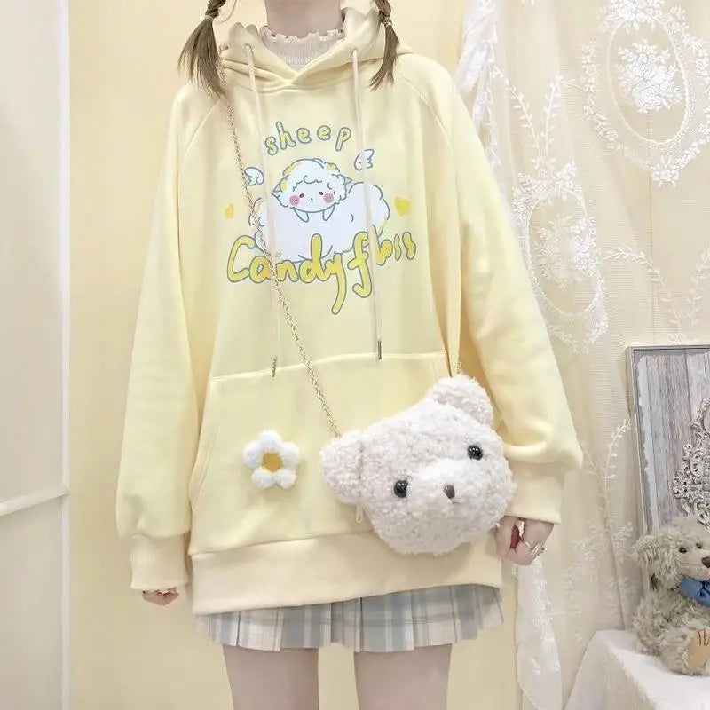 Kawaii Pastel Yellow Baby Sheep Hoodie with Angel Wings - sweatshirt