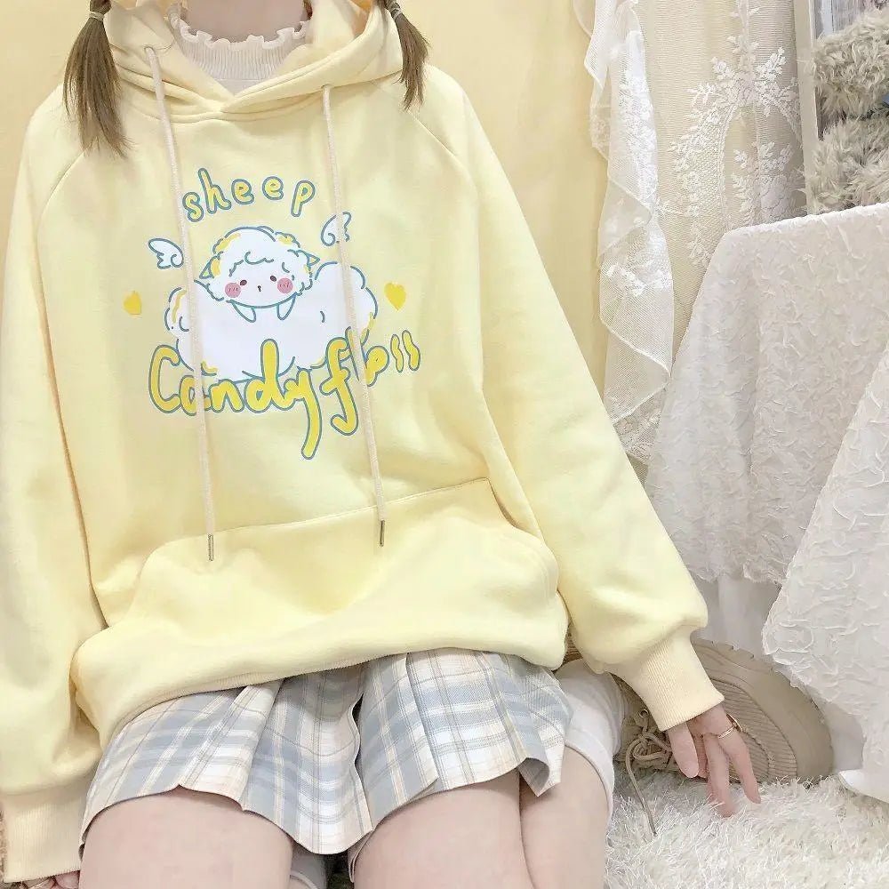 Kawaii Pastel Yellow Baby Sheep Hoodie with Angel Wings - Cosparty