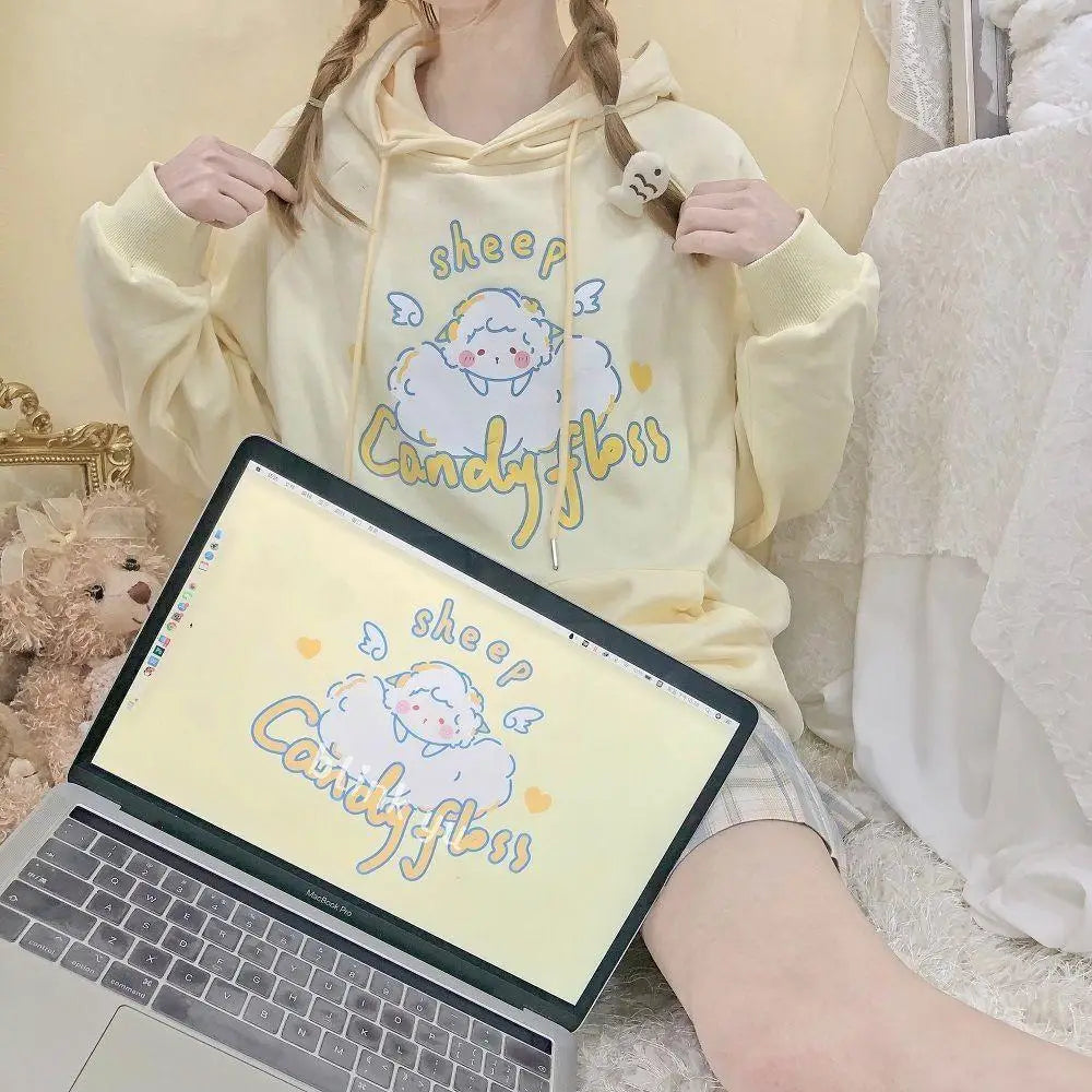 Kawaii Pastel Yellow Baby Sheep Hoodie with Angel Wings - sweatshirt