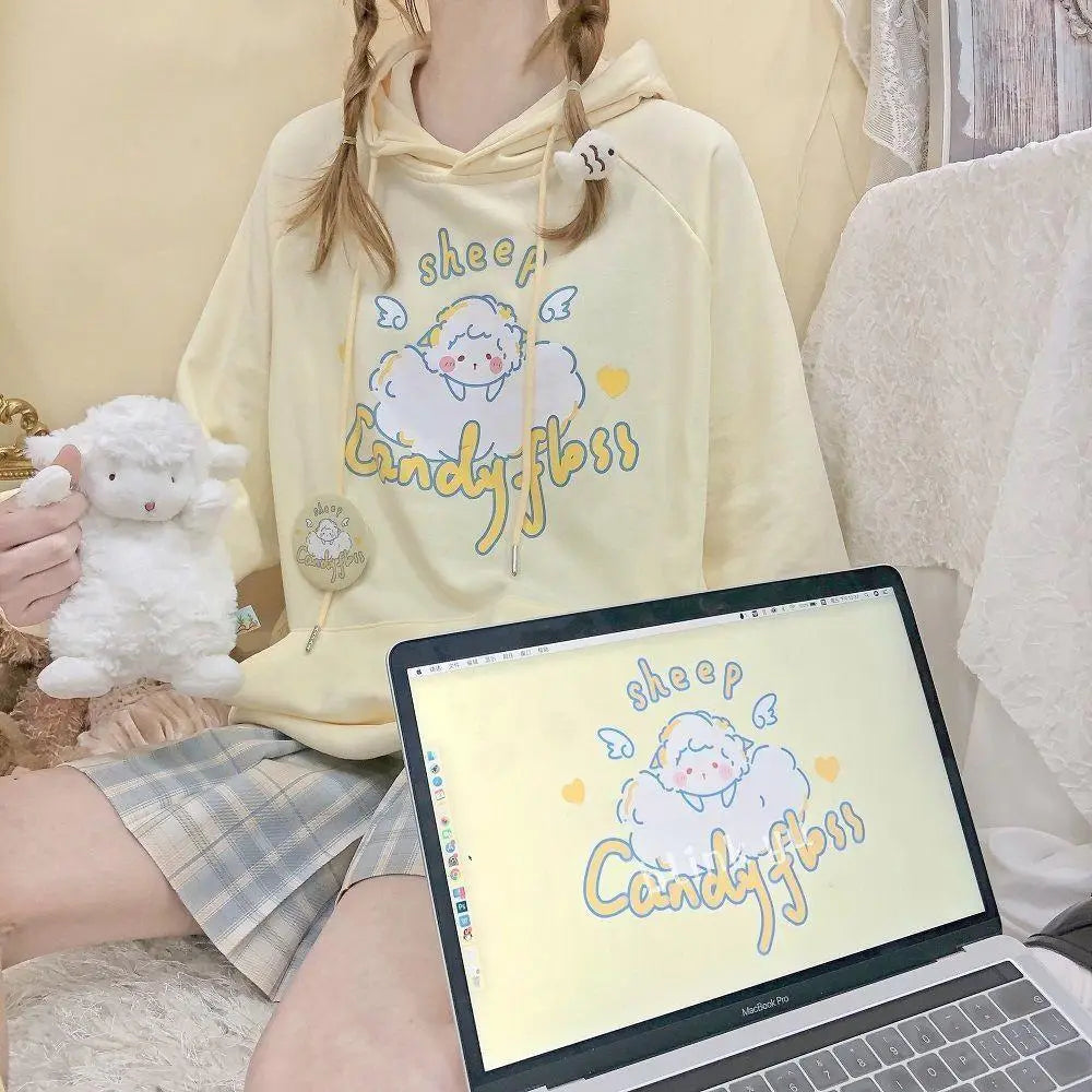 Kawaii Pastel Yellow Baby Sheep Hoodie with Angel Wings - sweatshirt