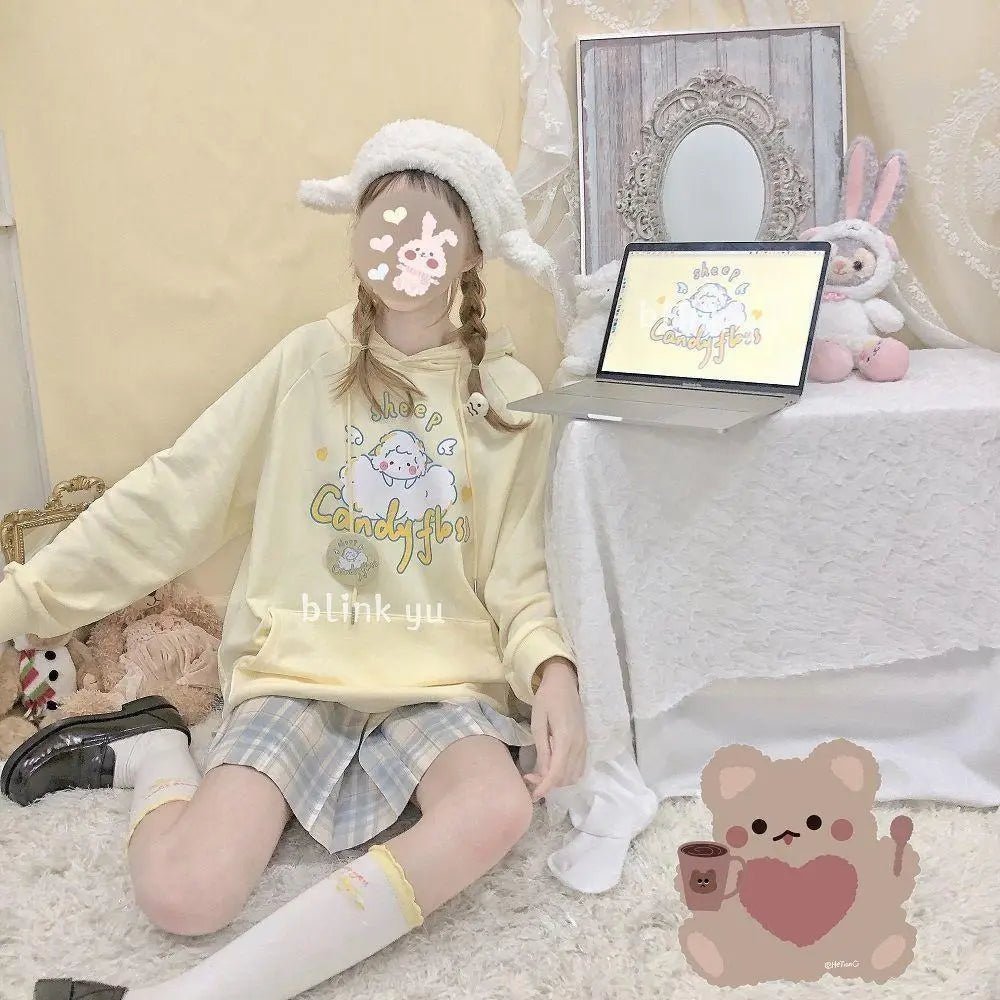 Kawaii Pastel Yellow Baby Sheep Hoodie with Angel Wings - Cosparty