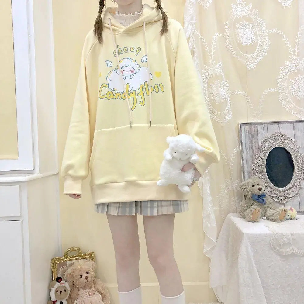 Kawaii Pastel Yellow Baby Sheep Hoodie with Angel Wings - sweatshirt