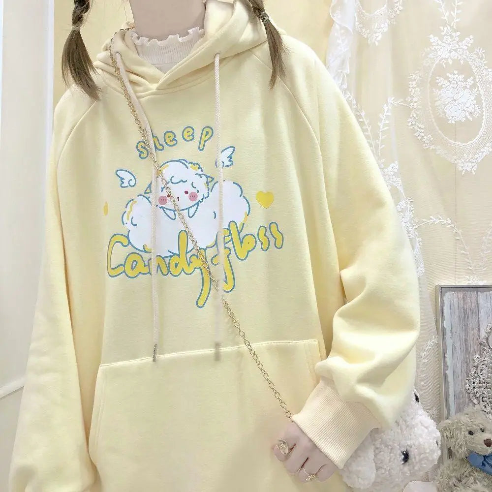 Kawaii Pastel Yellow Baby Sheep Hoodie with Angel Wings - sweatshirt