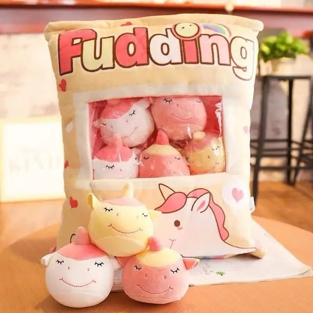 Kawaii Pink Unicorn Stuffies Inside a Cute Pudding Plush Bag - Cosparty