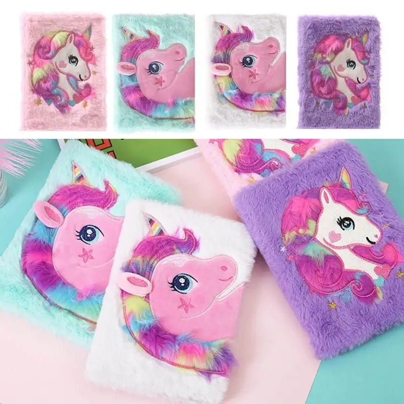 Kawaii Plush Unicorn Diary with Pastel Rainbow Embroidery - journal